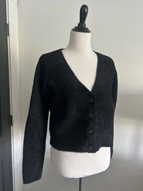Rachel Zoe S black Fuzzy Knit v neck cardigan long sleeve sweater